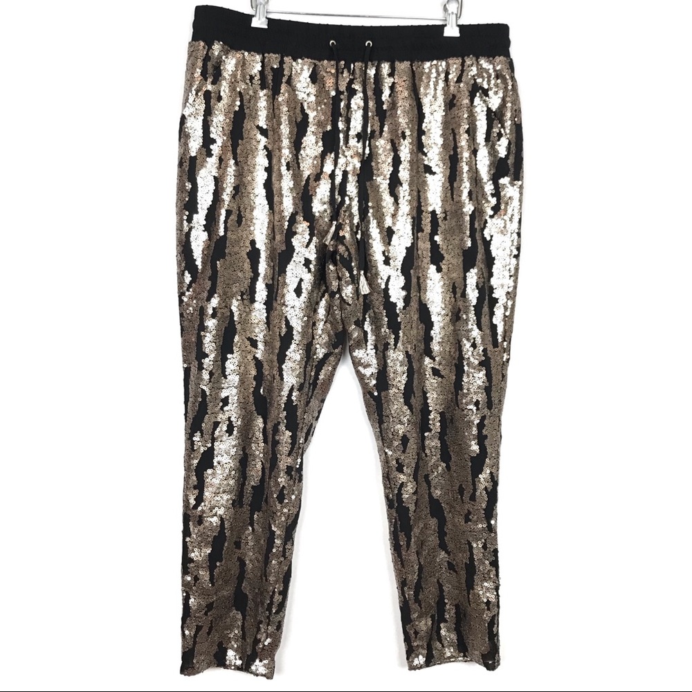 Anthropologie Black and Gold Sequin Cropped Pants XL - Picture 3 of 8